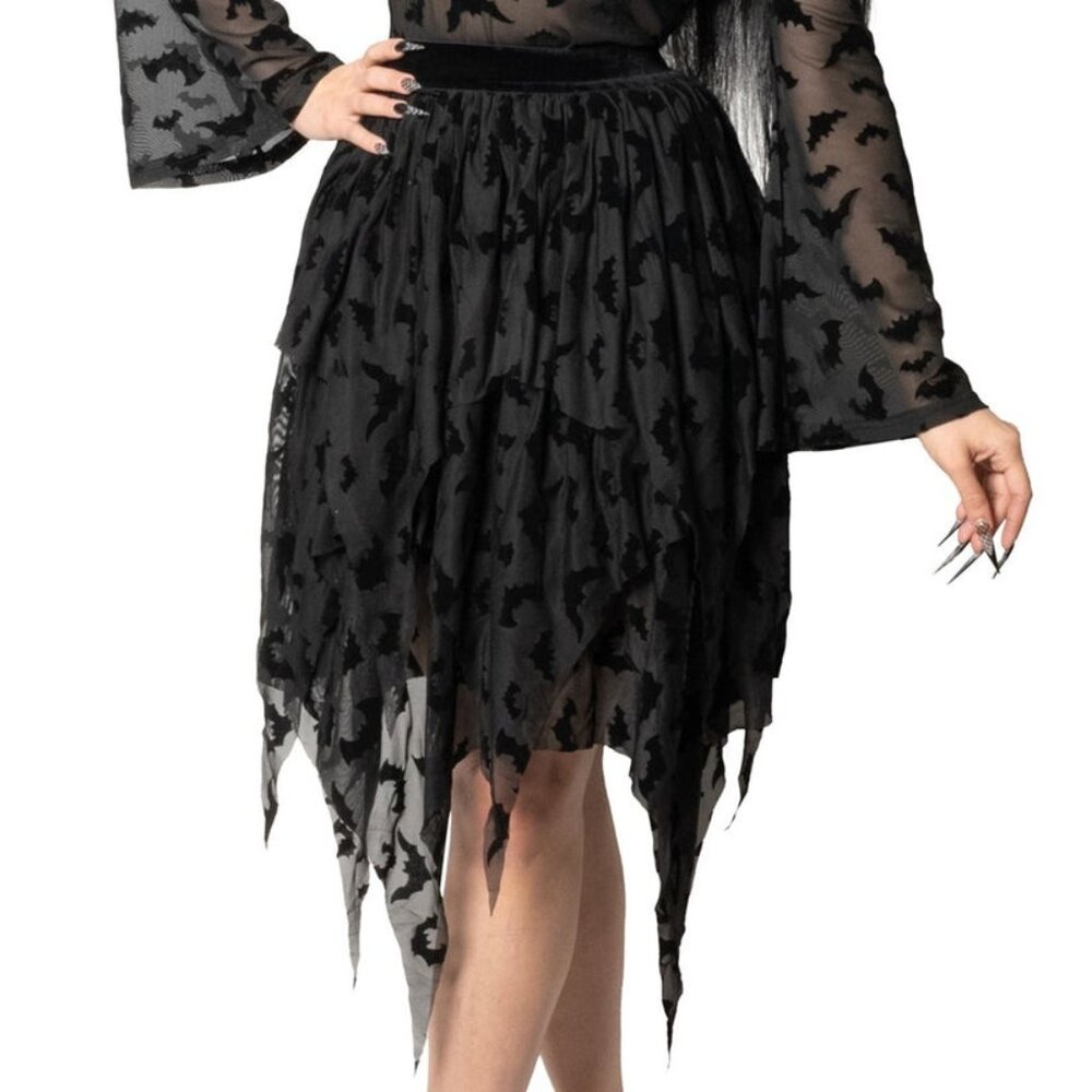 Black Bat Repeat Mesh Tiered Midi Skirt Tattered Hem S-M-L-XL-2XL-3XL NWT